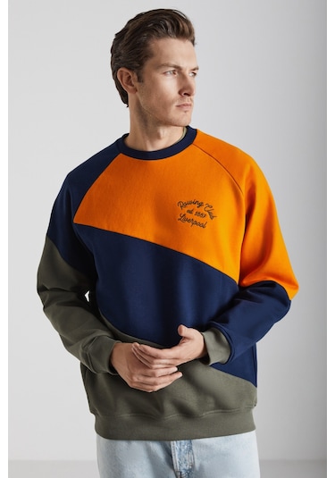 Colway Erkek Organik Pamuk Renk Bloklu Nakışlı Içi Polarlı Lacivert/haki/turuncu Sweatshirt