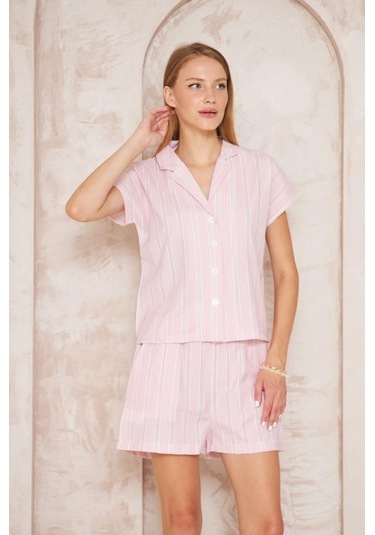 Kadın Özel Kumaş Ceket Yaka Beli Lastikli Kısa Kol Gömlek Cepli Şort Takım 3625290 Pembe