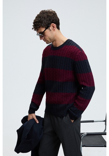 BRAID Erkek Yuvarlak Yaka Saç Örgü Desenli Regular Fit Bordo - Lacivert Kazak