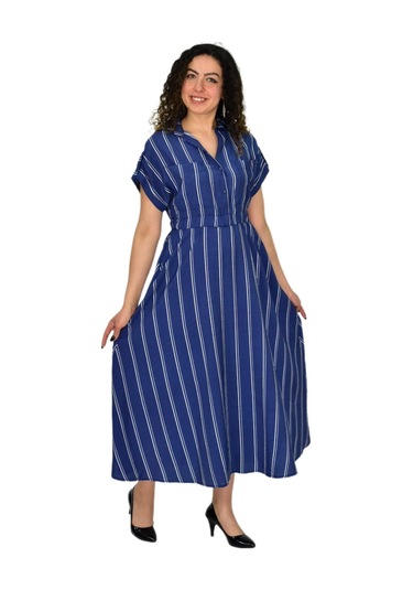 Kadın Beli Lastikli Çizgili Elbise Bgl-st04638 İndigo