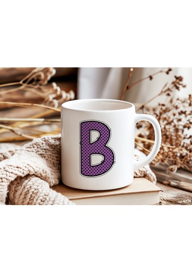 B Harfi Mor Puantiyeli Kupa Bardak - Polka Dot Tasarım Kahve Çay Bardak - Kişiye Özel Hediyelik Beyaz