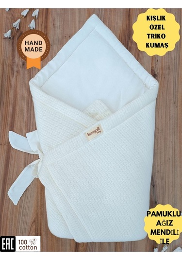 Triko Örgü Kışlık Kız Erkek Bebek Battaniyesi Kundağı Pamuklu Hastane Çıkışı Yenidoğan Hediyelik Ekru