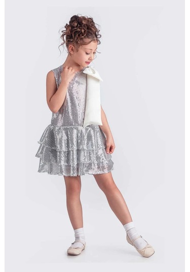 Etekli Şık Elbise Pullu 3 Kat Gri