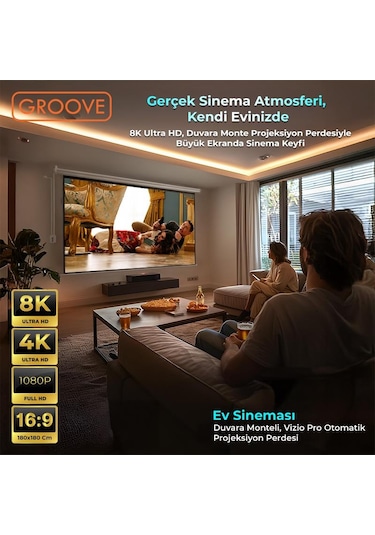 Groove Vizio Pro 180x180cm Blackout Işık Geçirmez Elektrikli Otomatik Kumandalı Projeksiyon Perdesi +motorlu+canlı Renkler+göz Koruması+leke Tutmaz Projector