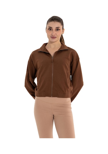 Inguz Dik Yaka Fermuarlı Organik Pamuk Sweatshirt Kahverengi