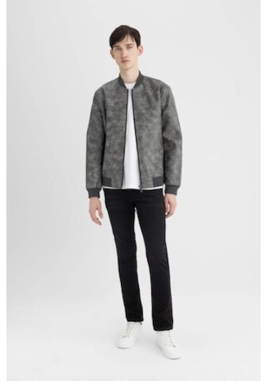 Defacto Slim Fit Dar Kesim Kolej Yaka Fermuarlı Cepli Astarlı Mevsimlik Hafif İnce Suni Deri Mont Ceket C6971AX24AUAR167 Antrasit