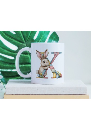 X Harfli Tavşan Kupa - Patchwork / Yamalı Desenli İsme Özel Kupa - Pastel Vintage Tarz Hediyelik 07 Beyaz