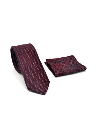 Beyaz Kırcıl Desenli Bordo Dokuma Kumaş Mendilli Slim Fit Kravat // Sdk-2504-3 Bordo