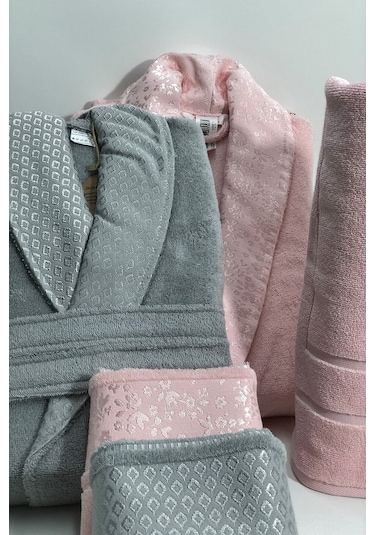 Camellia Aile Bornoz Seti Gri Pembe Gri - Pembe