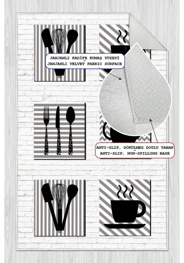 Dijital Baskılı Dekoratif Kaymaz Taban Yıkanabilir Mutfak Eşyası Desenli Halı Mutfak Halısı Yolluk Salon Halısı Gri