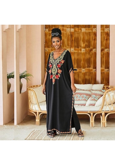Edolynsa Siyah Vintage İşlemeli Uzun Kaftan Siyah
