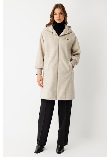 Fermuar Kapamalı Kapişonlu Kaban Taş Taş