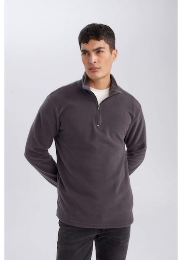 DeFacto Antrasit Tüylenme Yapmayan Soğuk Geçirmez Regular Fit Dik Yaka Fermuarlı Polar Sweatshirt Y3996AZNSAR126