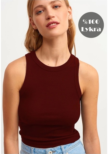Mea Capio Kadın Bordo Fitilli Halter Yaka Örme Atlet Bordo