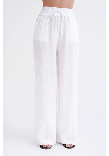 4286 Kadın Bol Paça Beli Lastikli Müslin Palazzo Pantolon Beyaz Beyaz