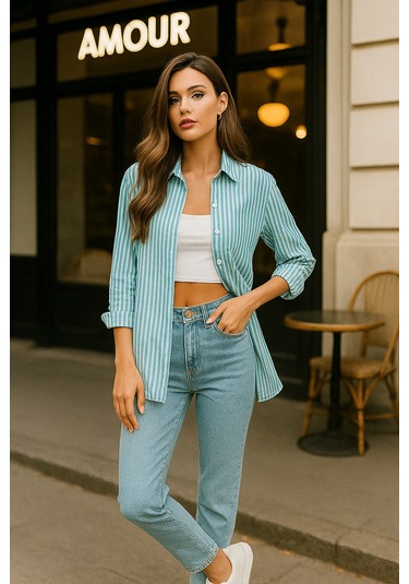 Kadın Çizgili Oversize Gömlek Mint Yeşili Beyaz Pamuk Gömlek Mint Yeşili