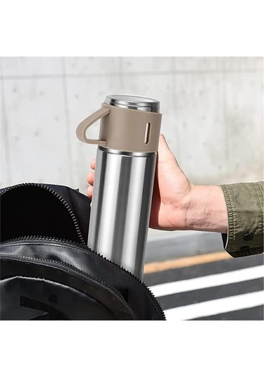 Kişiselleştirilebilir 3 Bardaklı Çelik Termos 05 Lt Crom Gümüş
