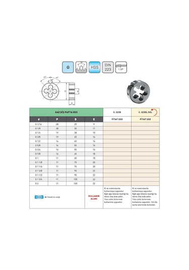 Fett G 1 -11 Pld Dın223 Hss Sol Boru İçin Gaz Diş Pafta