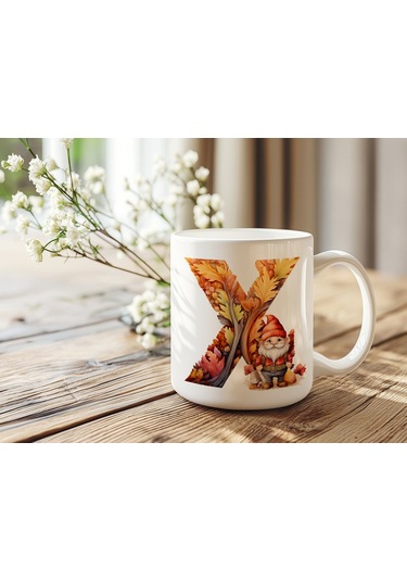 X Harf Sonbahar Yaprak Temalı Kupa Bardak - Sevimli Figürler İle Alfabe Harfli Bardak - Kişiye Özel Beyaz