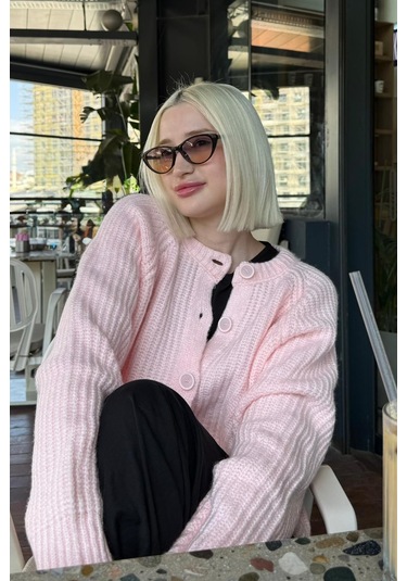 Madmext Pembe Bisiklet Yaka Selanik Örgü Düğmeli Kadın Hırka Mg2487 Pembe