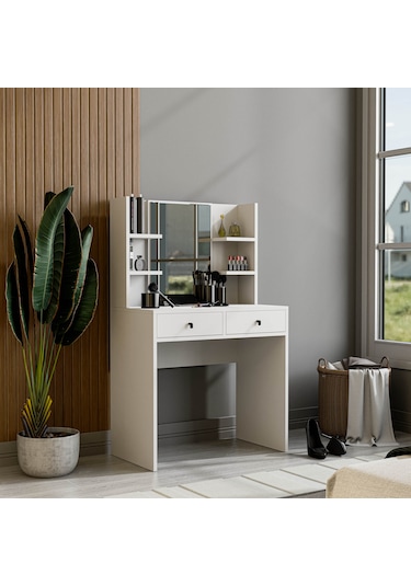 2210 Shıny Aynalı 2 Çekmeceli 80 Cm Makyaj Masası Beyaz