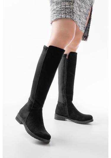 165-305 Siyah Süet Arka Streç Fermuarlı Günlük Kadın Çizme Siyah