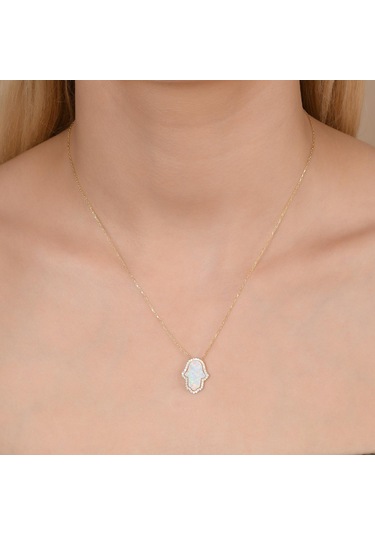 Zirkon Taşlı Pırlanta Montür Altın Kaplama Ortası Beyaz Opal Fatma Nın Eli Gümüş Kolye Gold - Rose Gold - Gümüş