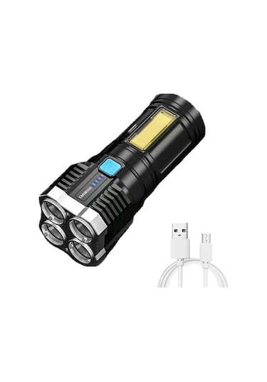 Yfashion Dört Çekirdekli El Feneri Güçlü Işık Şarj Edilebilir Süper Parlak Dış Mekan Çok Fonksiyonlu Led Uzun Menzilli Işık Siyah