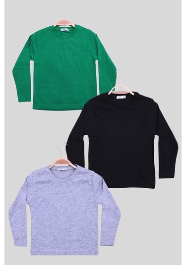 3'lü Düz 0 Yaka Uzun Kol Unisex Çocuk Siyah-yeşil-gri Sweatshirt Çok Renkli