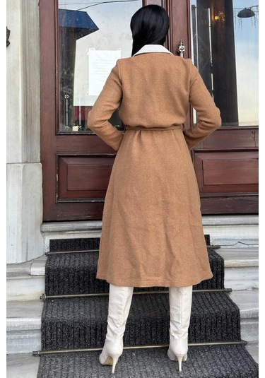 Taba Çift Taraflı Kruvaze Yaka, Kuşaklı, Yumoş Dokulu, Duble Kaşe Uzun Ceket Taba