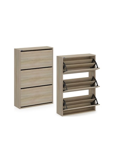 Ceha 3'lü Düşer Kapaklı Ahşap Ayakkabılık - Egger Meşe A.AYK-3/MEŞE