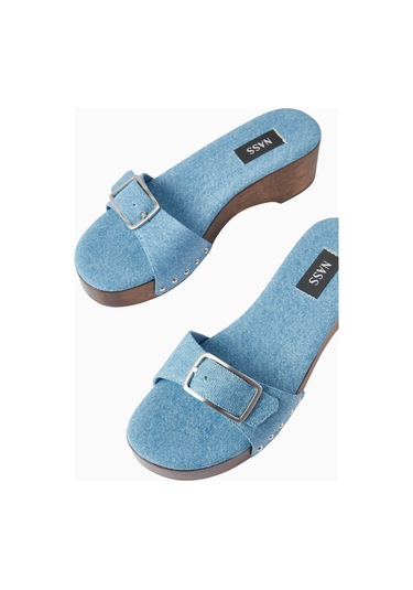 Nass Platza 40 Mavi Denim Stud Detaylı, Ahşap Tabanlı Clog