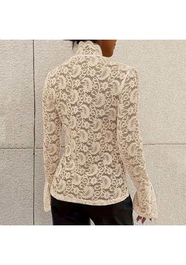 Kadın Üst Giyim Dik Yaka Alevli Uzun Kollu Dar Kesim Gömlek Düz Renk Şeffaf Oyuk Nakış Dantel Çiçek Desenli Üstler Beyaz