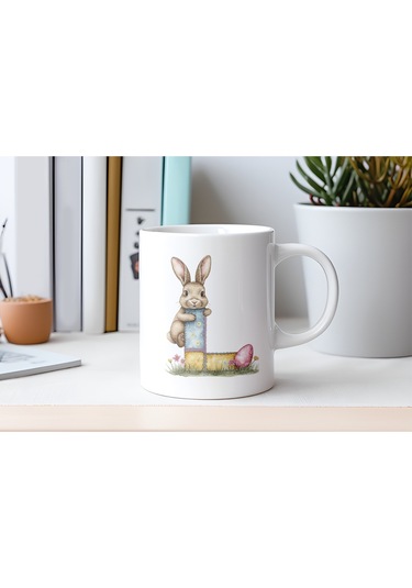 L Harfli Tavşan Kupa - Patchwork / Yamalı Desenli İsme Özel Kupa - Pastel Vintage Tarz Hediyelik 07 Beyaz