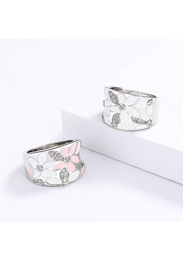 Beyaz Zarif Pembe Çiçek Yüzük Kadın Moda El Yapımı Emaye Kadın Takı Düğün Gelin Yüzüğü Parti Takı 6 Beyaz