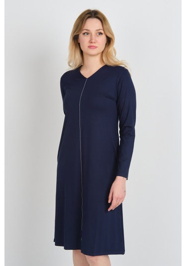 Sistas Kadın V Yaka Parlak Şerit Detaylı Uzun Kollu Çift Cepli Elbise 24442 Lacivert Lacivert