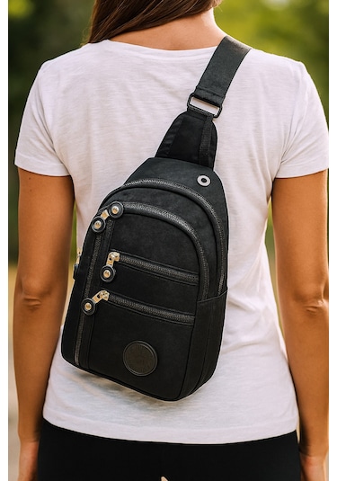 Newish Polo Kadın Krinkıl Kumaş Çapraz Tek Kol Göğüs Ve Omuz Sırt Çantası-crossbody Bag Siyah