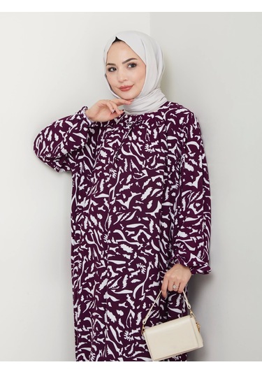 Desenli Önü Büzgülü Viskon Elbise - Mor / E0131 Mor
