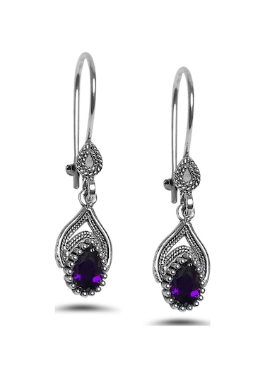 Ametist Taşlı Damla Tasarım Telkari Gümüş Küpe