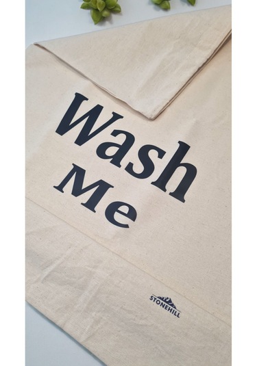 Wash Me Desenli Çok Amaçlı Kanvas Kirli Çamaşır Torbası 50x70 Cm Açık Bej