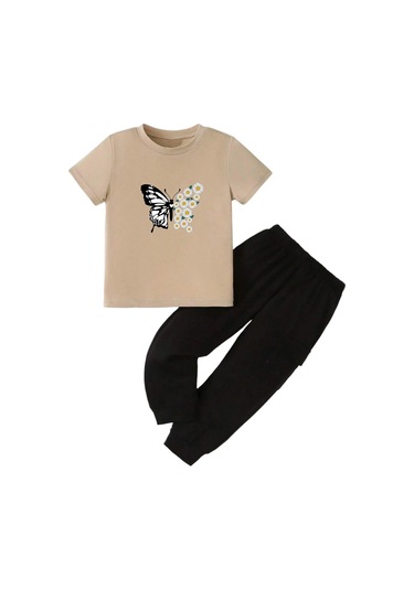 Çocuk Papatya Kelebek Baskılı Eşofman Takımı Bej