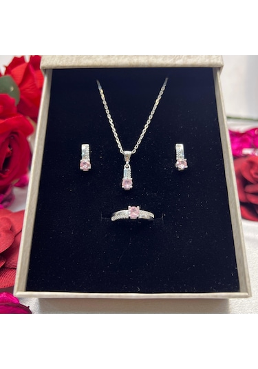 Pembe Tektaş Model Kadın 3'lü Set 925 Ayar Gümüş Zirkon Rodyumlu Taşlı Gümüş
