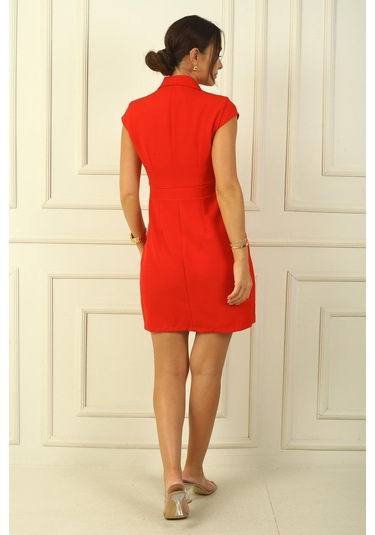 Kruvaze Yaka Toka Detaylı Eteği Pileli Likralı Krep Elbise-38558-kırmızı