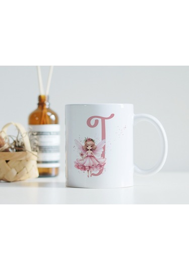 I Harfi Pembe Peri Kızı Figürlü Kupa Bardak Masalsı Çay Kahve Kupası - Kişiye Özel Hediye Beyaz