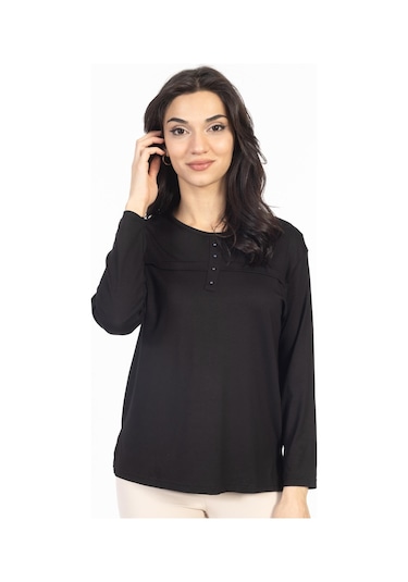 Yeni Sezon 2024 Sade Desen Yuvarlak Yaka Likralı Anne Penye Bluz 6484-siyah Siyah