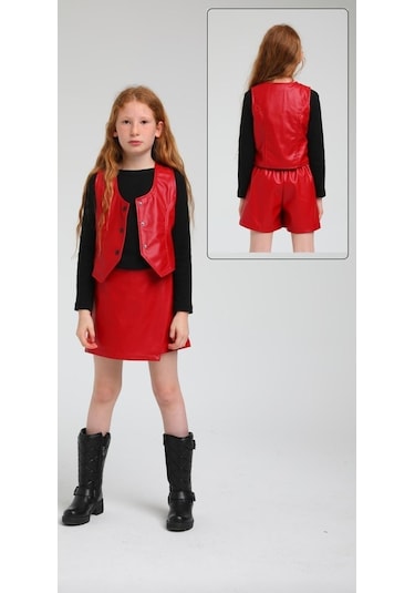 Kız Çocuk Beli Lastikli Şort Etek-13431-kırmızı Kırmızı