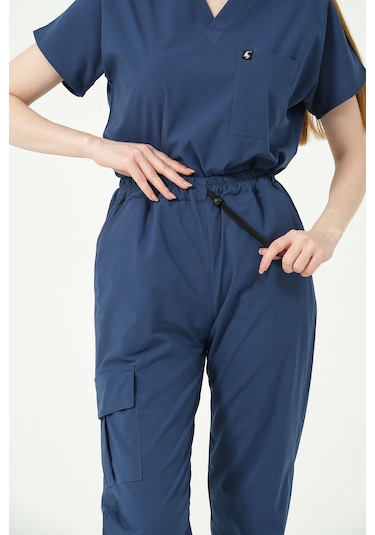 Fırtına Mavi Likralı Kargo Cep Jogger Paça Doktor Hemşire Forması Tek Alt Unisex