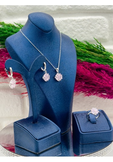 925 Ayar Gümüş Pembe Kuvars Taşlı Özel Tasarım 3 Lü Zarif Kadın Takı Seti Gümüş