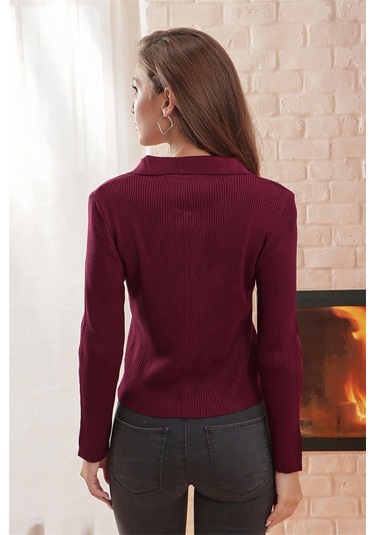 Aqe Fashion Çift Açılır Fermuarlı Polo Yaka Hırka Bordo