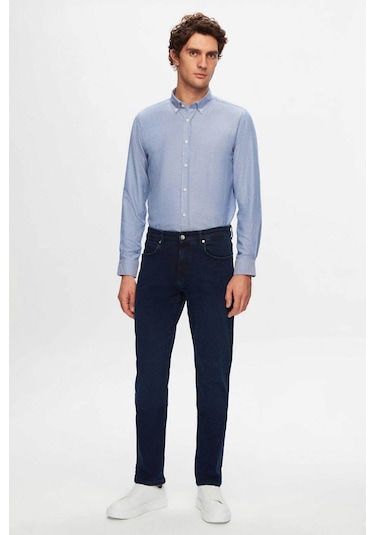 D'S Damat Ds Damat Slim Fit Mavi Armürlü Düğmeli Yaka Pamuklu Gömlek 5HC02ORT07265 Mavi